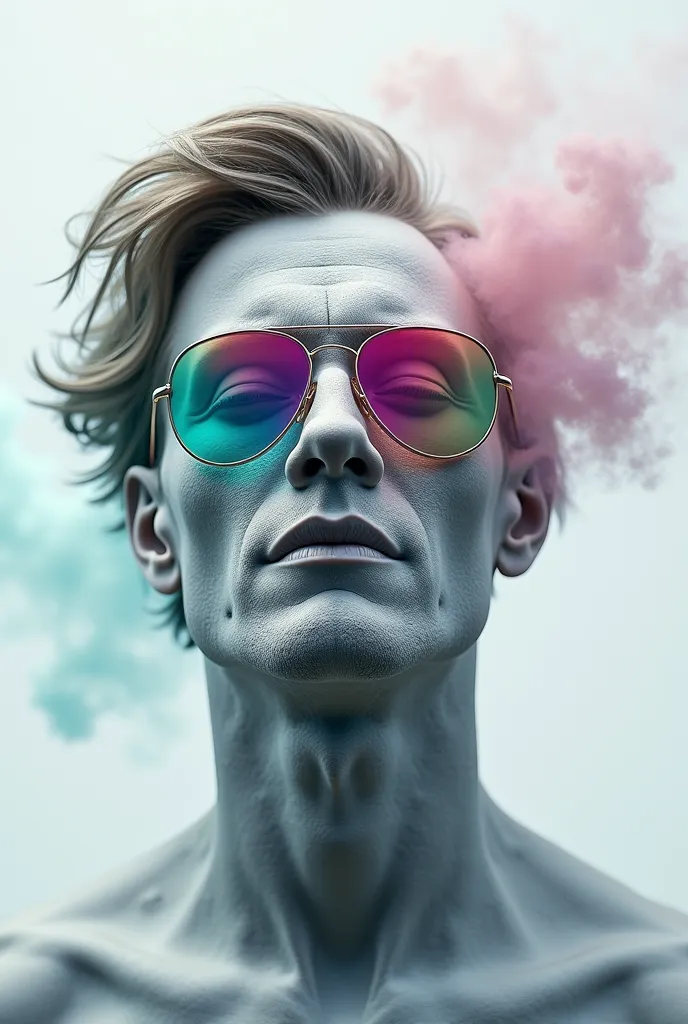 the face of a man in the shape of a gray statue with colored sunglasses catching the wind in his hair surrounded by colored smoke white background