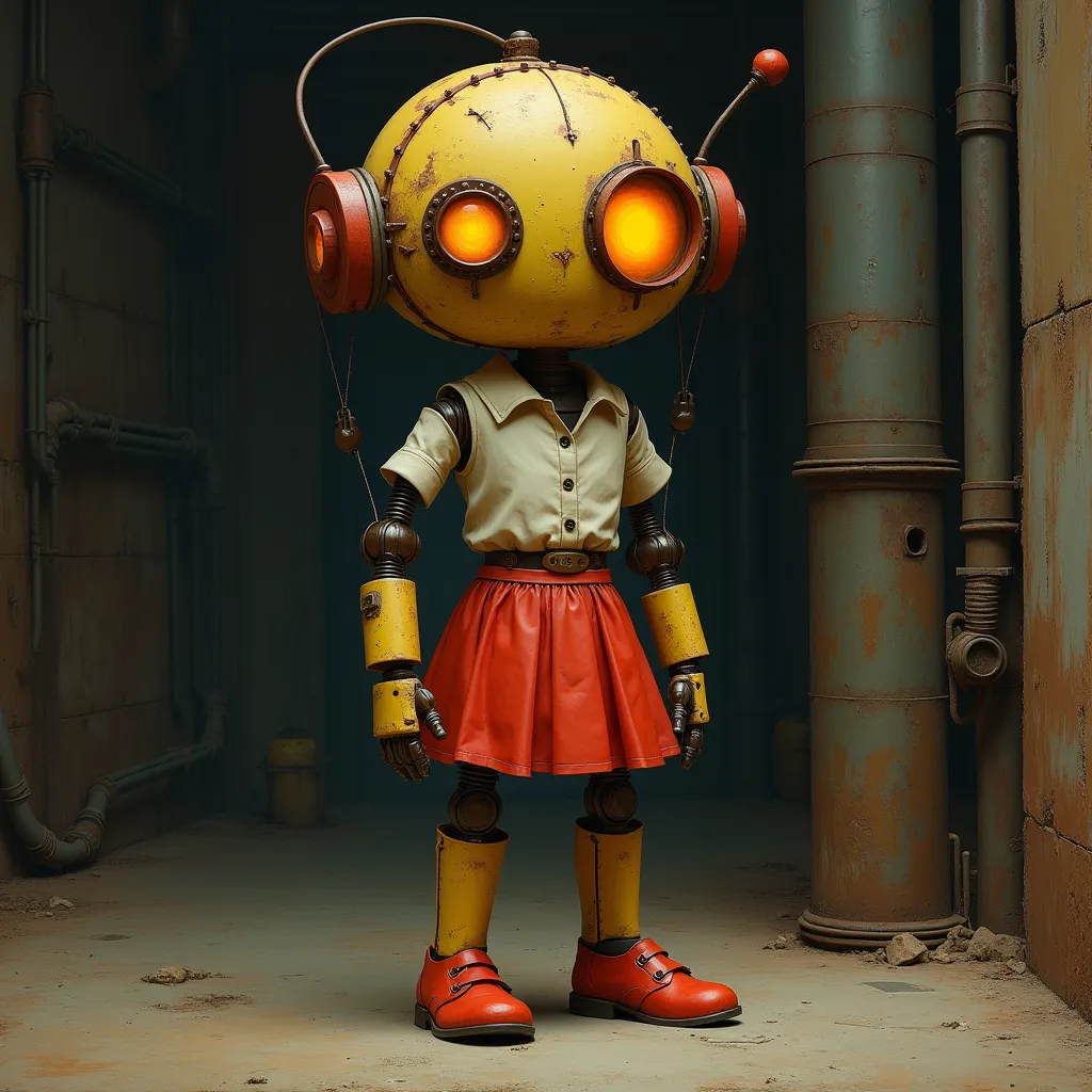 A striking concept painting that captures an attractive rusty female robot with large, expressive round eyes and orange backlighting. The robot, with a round head topped with an antenna, wears a blouse, a red skirt and red-yellow pumps.  Set in a sparse in...