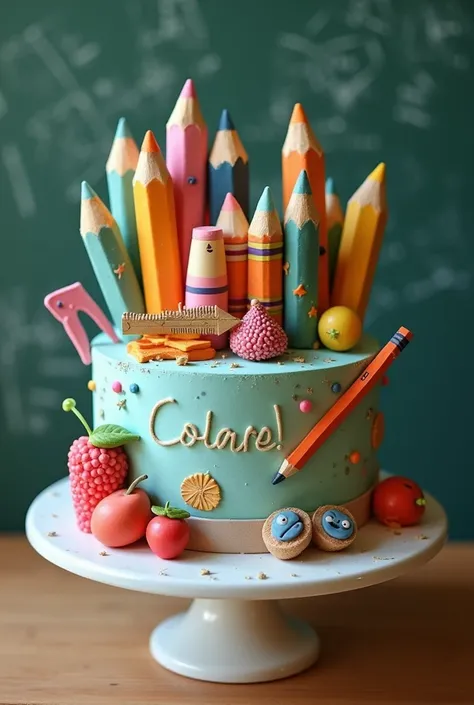 I want a cake on the subject of school supplies with the name Colares Moreira 