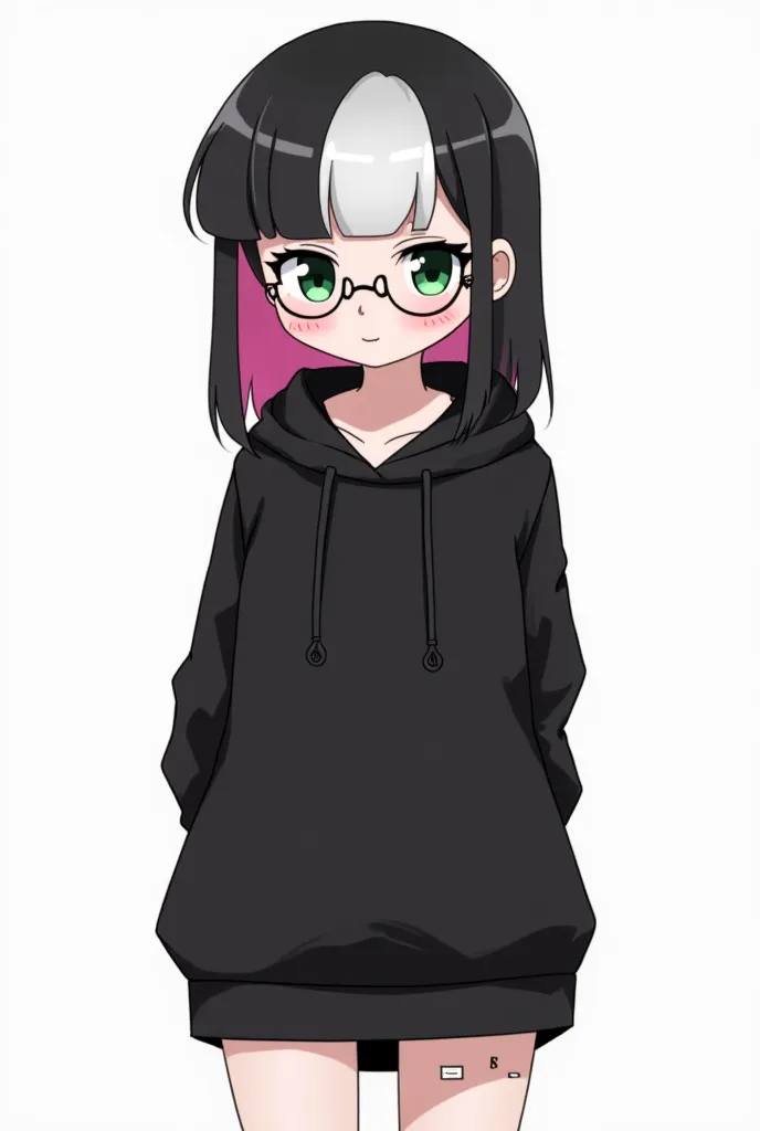 a naked girl with, white skin color, hair color: black with a large white bang in heart shape, eye color: left green, right pink, clothing: wears a long black hoodie that goes down to her waist and underneath, she is just in her panties and nothing else, a...