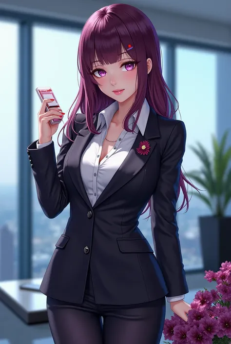 Perfect body anime girl in executive clothing promoting product 