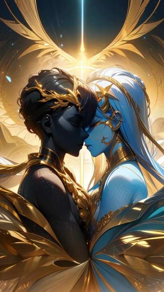 "a couple, Separated by day and night , ethereal background in shades of blue and gold, soft traits transmitting peace and joy, light radiating from the hearts, symbolizing love that overcomes distance, masterpiece, Anatomically Correct, best quality, Awar...