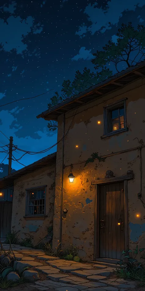 "An old village clay house with a dimly glowing lantern hanging near the door. The walls have a rough texture, and the wooden door is slightly open, showing warm golden light inside. The night sky above is deep blue with scattered stars, and a few fireflie...