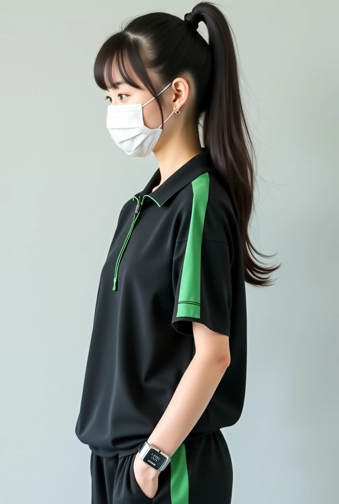 Korean female middle school 2nd year half bundle ponytail realistic girl white mask student full body photo ponytail simple black gym suit with green stripes on the shoulder, short sleeve clothes, short sleeve clothes, short sleeve clothes, short height, s...