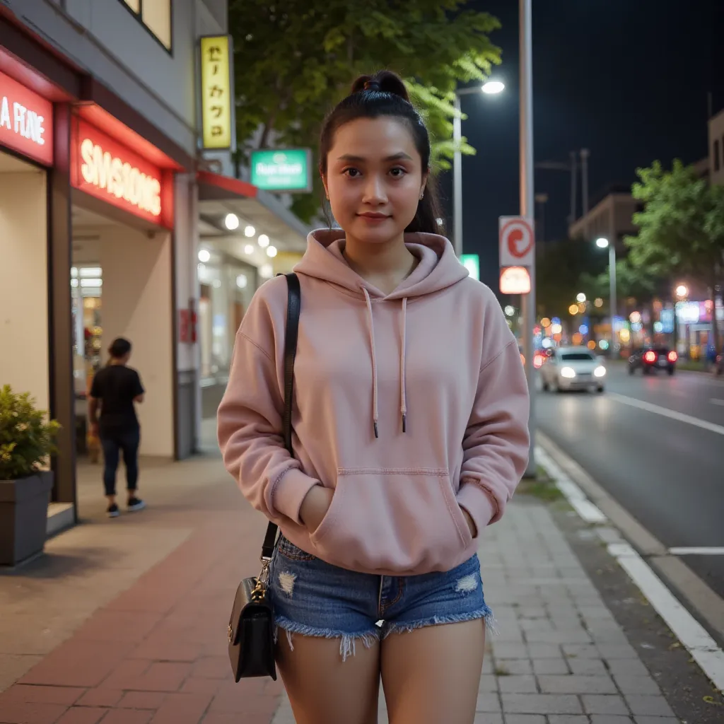 A realistic photo of a beautiful Indonesian woman, approximately 26 years old, with long black hair neatly tied into a high ponytail. She has a soft smile on her red lips, and her fit, toned, and curvaceous figure exudes confidence. She is standing alone o...