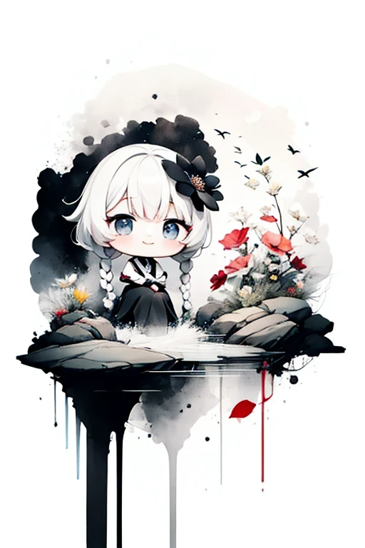 Alone,1 Female\( chibi,cute, cute,Age 10,hair color is white,  braided hair,Halterbra,Eye color is dark, closes her eyes and laughs, white skin, big smile,enjoy,full body, Is Grim Reaper's Black Robe  ,I have a sickle and a skull, Skip,flower hair ornament...