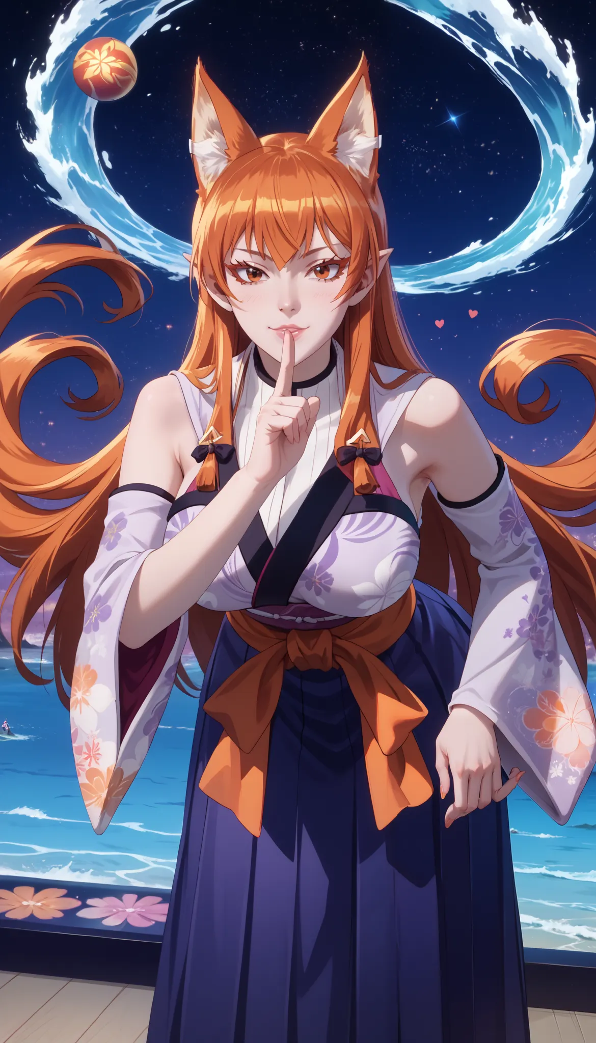 Ameri azazel, orange hair, long hair, orange eyes,Fox ears, Armpit Show, (ultra-realistic, 32K, masterpiece: 1.2), (Skin with attention to detail: 1.1), (high quality: 1.1), Unax, (heterochromia iridis: 0.8),Hand finger detail,Detailed fingers, nice finger...