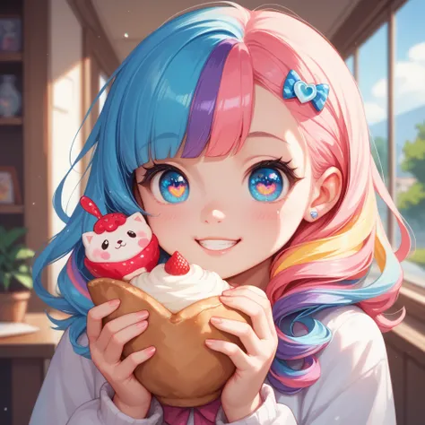 super cute, cute, kawaii, very cute, Minnoş, sweetness sister, big bright eyes, very cute, cute or cute, colorfully dressed with colorful hair with colorful eyes, hyper realistic chibi is an anime girl, wearing pi number themed things special for pi day.