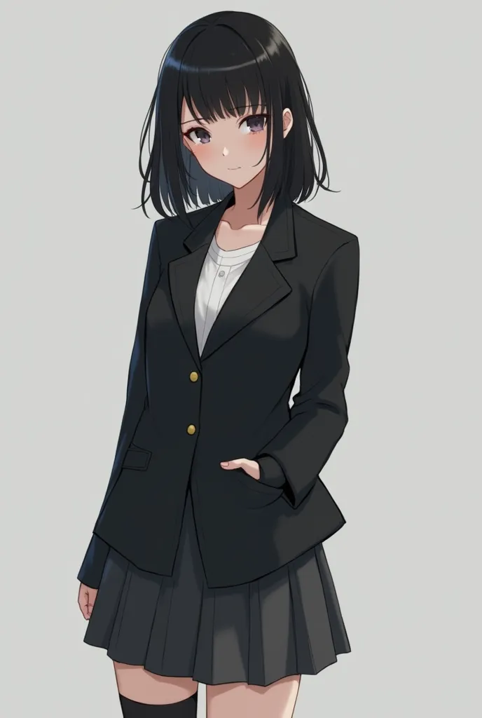 Make an image of a black-haired woman with bangs above her eyes, her short, straight shoulder-length hair. She is white, and wears a school uniform. White dress under her black blazer and a pleated skirt of the same color. She wears knee-high socks