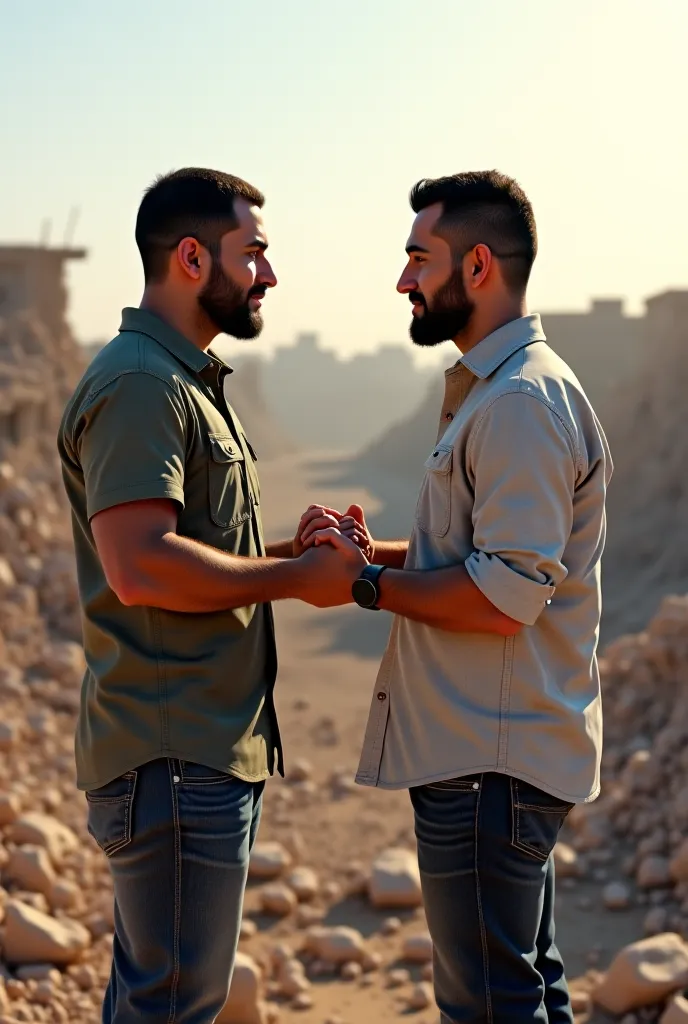 A Palestinian puts his hand in the hand of an Egyptian and they build the Gaza Strip together 