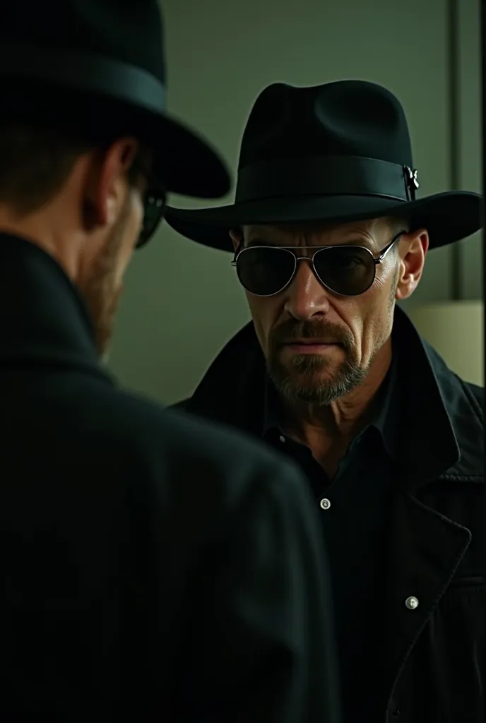 walter White In a dimly lit room,  stares at his reflection in the mirror. The iconic black hat and sunglasses come into view, marking his full transition into Heisenberg. His expression is cold, calculating. He adjusts the hat as if preparing to take cont...