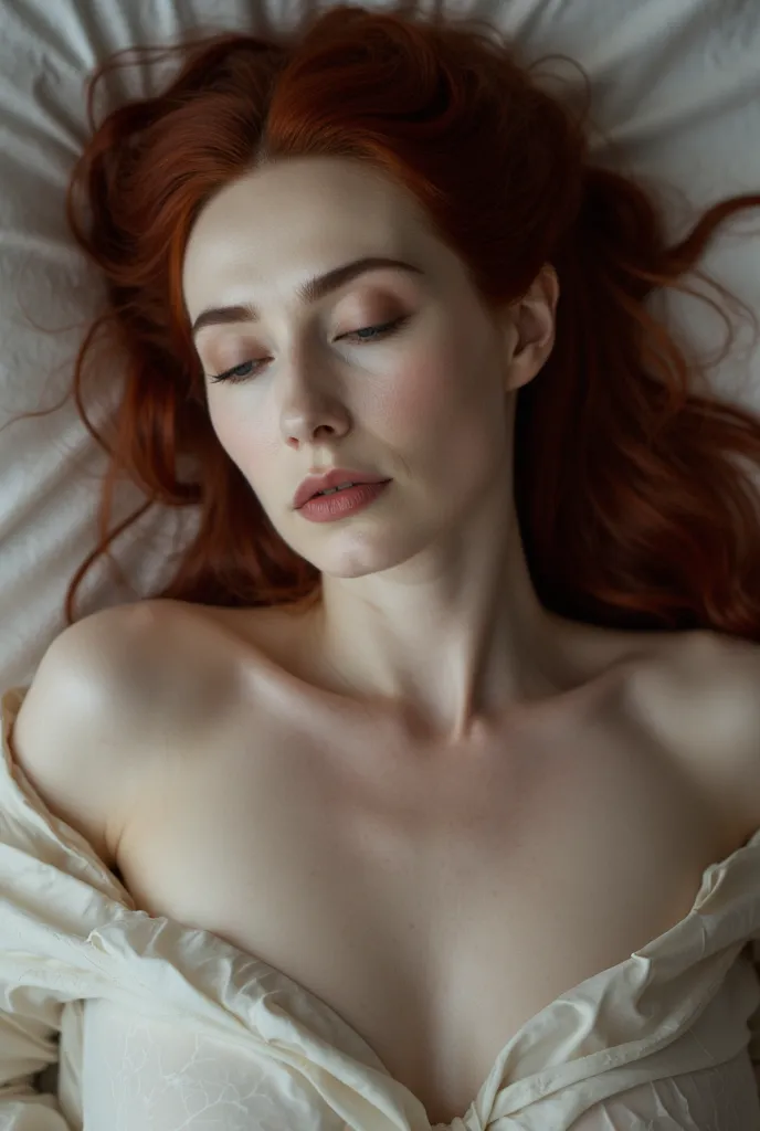 Carice van Houten, picture from above, lying limp on a bed on back, topless, naked, belly, head tilt, loose arms, orgasm face, closed eyes, red hair