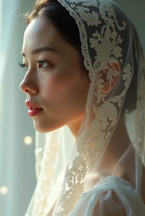 A picture of the right side of the woman's face  I also want a beautiful veil on her head now that suits her