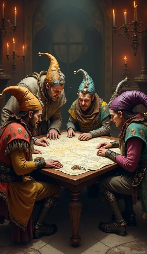 Create an image of a group of human jesters gathered around a table and concocting plans while looking at maps above the table. Style for the Dragonbane role-playing game