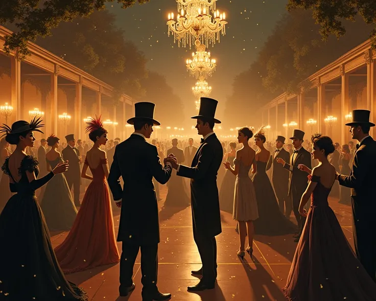 Create a detailed illustration of a Carnival event set in the early 20th century. The scene should portray a luxurious outdoor ball or in a large hall illuminated by chandeliers and gas lamps. Men and women wear period costumes, with elaborate masks, long ...