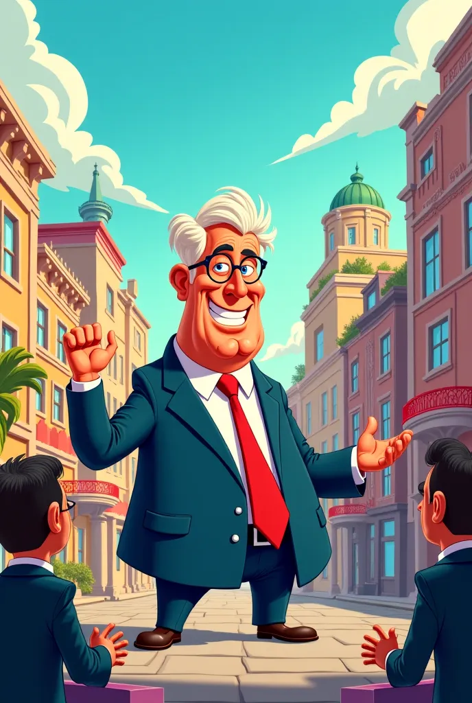 Create a humorous cartoon series featuring a cast of bumbling, corrupt politicians who constantly find themselves in absurd situations. Each episode should begin with a lively theme song that introduces the main characters: the slick-talking mayor, the clu...