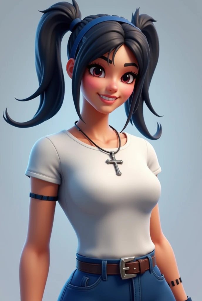 You can create an image of a woman in Fortnite with black hair and two small pigtails and a dark blue headband and with a white T-shirt and she is wearing a necklace with a silver Christian cross and blue pants