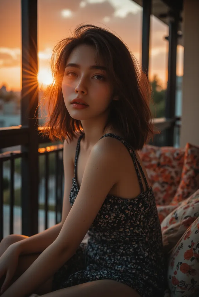 (aesthetically pleasing cinematic composition and dramatic lighting) (epic perspective) *(fill-flash photography)* (muted amber colored skies, fiery sunset) (realistic skin texture, life-like skin tone and details, Freckles and moles) (cute korean goth gir...