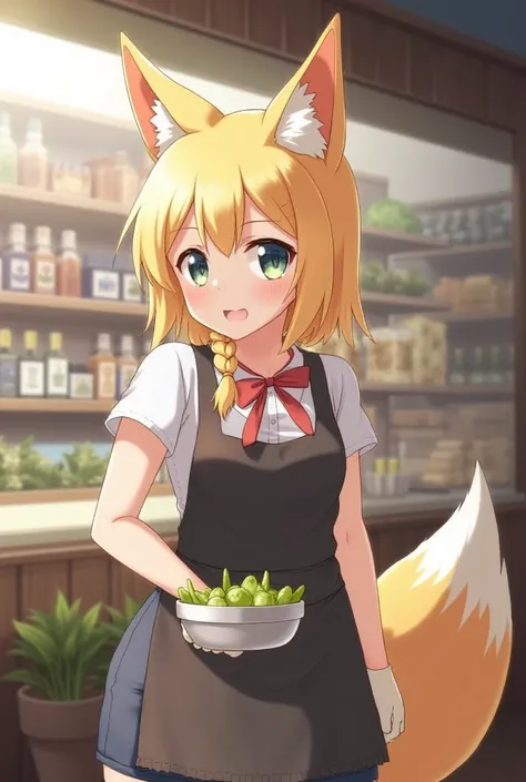 masterpiece, best quality,
((vegetables shop)), solo, apron, (working), ((foxgirl)), (foxtail), (fox ears), (((***))), ((bike_shorts)), deep levels, soft lighting, detailed face and eyes, low ponytail, ,