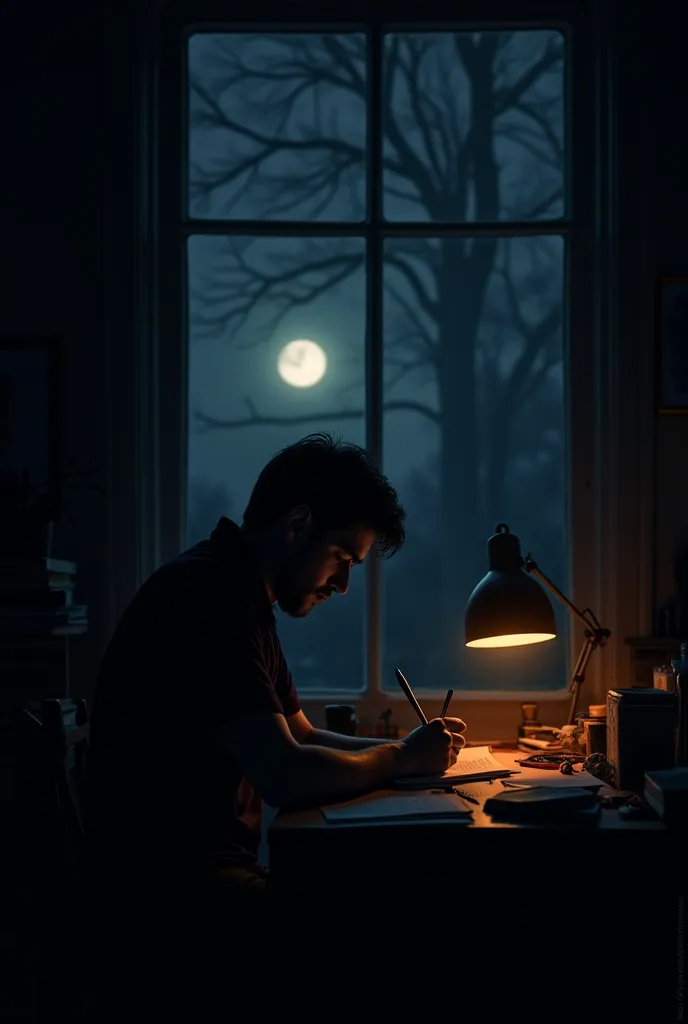 A writer is writing. Half moon visible from the window. Writers face isn't clear.