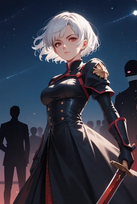 


A Warrior Man, short white hair, Red Eyes, High resolution, High resolution, masterpiece, silhouette, dotted, anime style, anime, black clothes, red sword, starry night, 

A Wise Woman,  tight dress ,  black clothes, Red Eyes, black hair, long hair, Hig...