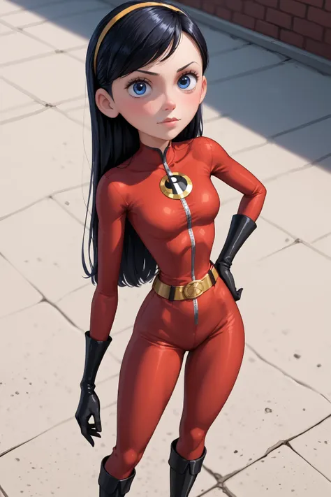 Violet Parr, big blue eyes, perfect eyes, very detailed eyes, age girl, average height, fair youthful skin, extremely slim figure, tight red jumpsuit, black area on neck, on chest a yellow and black circle with an "i" in the middle, at waist a gold belt fi...