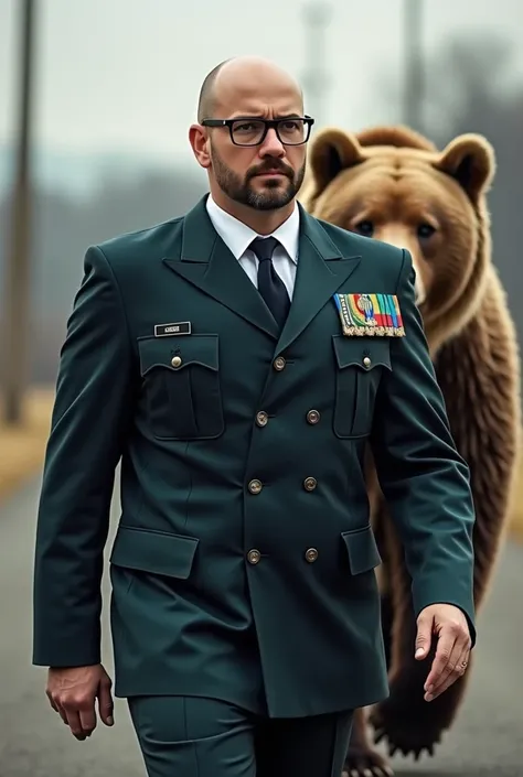 I need you to make a video where a 30-40 year old military man with a large build looks bald with small bristles and cool glasses there is a big animal bear in the back,a bear is 3 times larger than a person and walks on two legs (a bear and a military man...