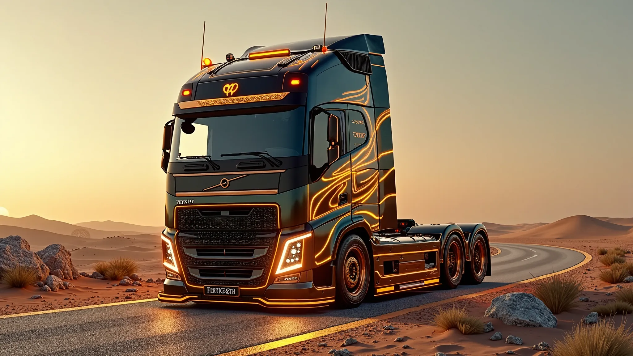  CREATE A MIX OF VOLVO FH16 AND FERRARI FRONT AND BACK GOLD DETAILS NEON DETAILS , HALLOWEEN STYLE ROAD IN THE MIDDLE OF THE DESERT 