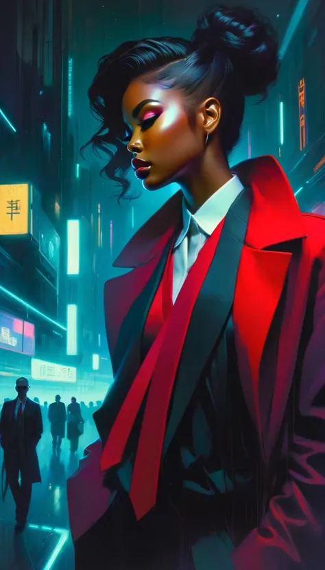 CORPO INTEIRO:1.4), (clean:1.4), .(arte inspirada em Bill Sienkiewicz, detalhes intrincados, pintura a óleo)painting of a black woman undercut and a suit, inspired by Sam Spratt, inspired by Karl Kopinski,red jacket and tie expressive digital painting, chr...