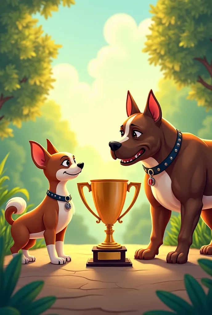 Create an image of a Chiuaua dog on the right and a Pidbull dog on the left that have a trophy between them