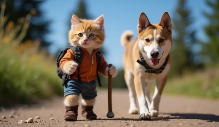 an ultra realistic kitten in a mountaineer outfit along with an ultra realistic dog that is his pet, the kitten is wearing a mountaineer outfit, and the dog that is bigger than the kitten is at his side, everything is ultra realistic.