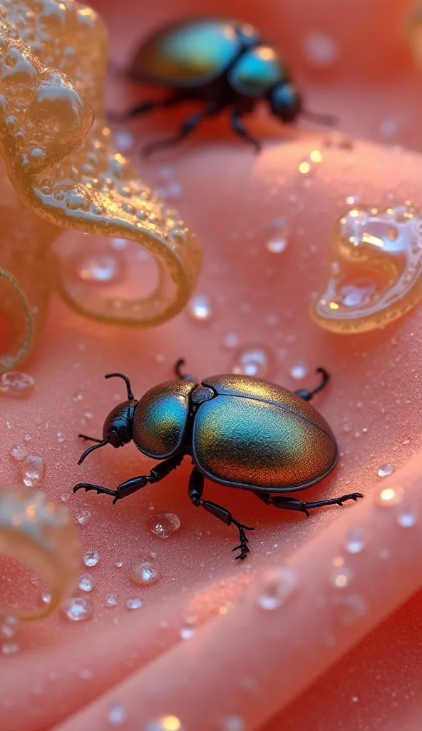 Here’s a surreal idea in a similar vein:

"Iridescent beetle shells scattered across soft, coral-pink velvet skin. Shimmering like precious gems. Dreamy close-up with a rippling, underwater light effect. Hints of golden seaweed drifting in the background."...