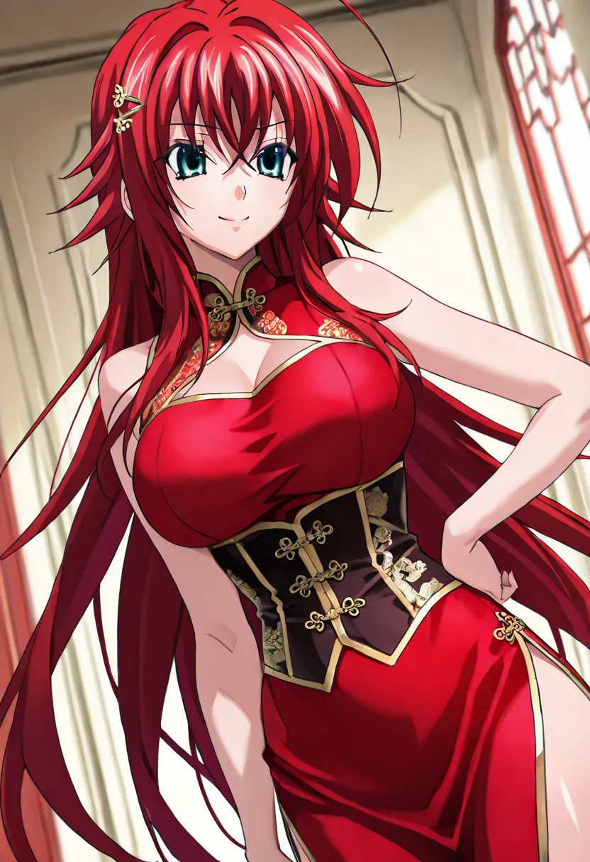 1 girl, ONLY one character, rias gremory, green eyes, long hair, purple hair, in a castle, solo, chinese princess, gold hairpin, burgundy chinese dress, gold trim, really beautiful, dominant, confident, underbust with a humiliating face, expressionless ,sm...