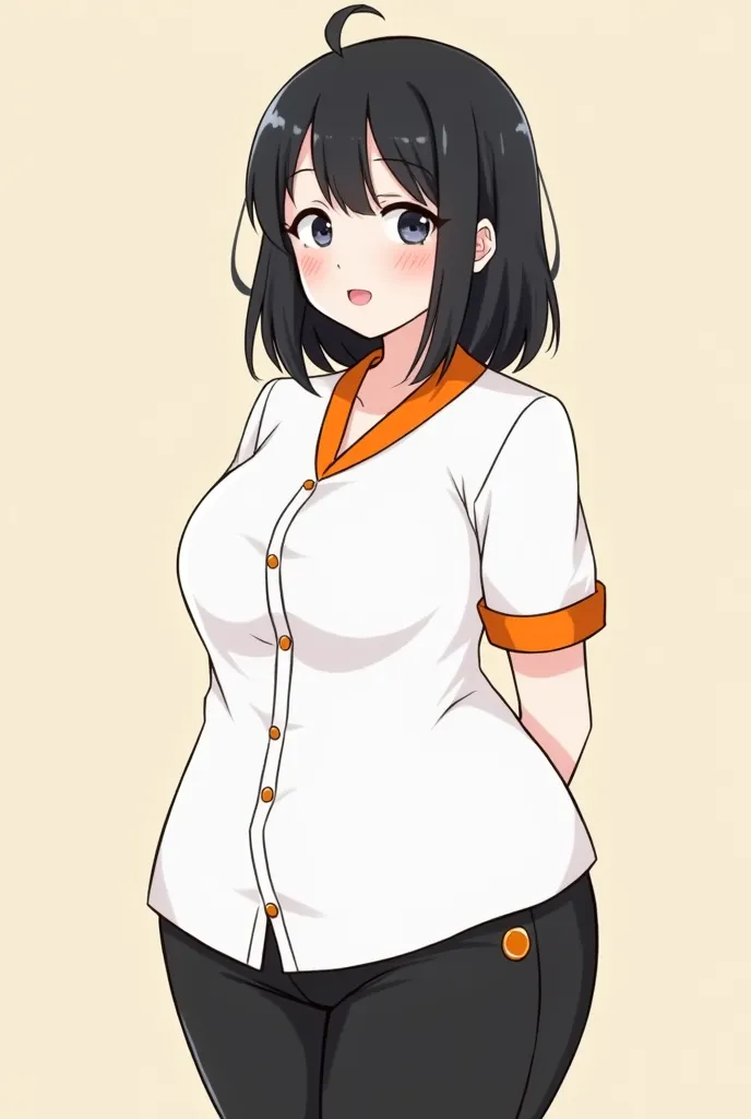 A cartoon character, A bit full, But not fat , in a white dress blouse with buttons at the bottom and with the tip of the orange sleeve and the collar of the orange blouse, She is white and has black shoulder hair and black pants and an orange badge