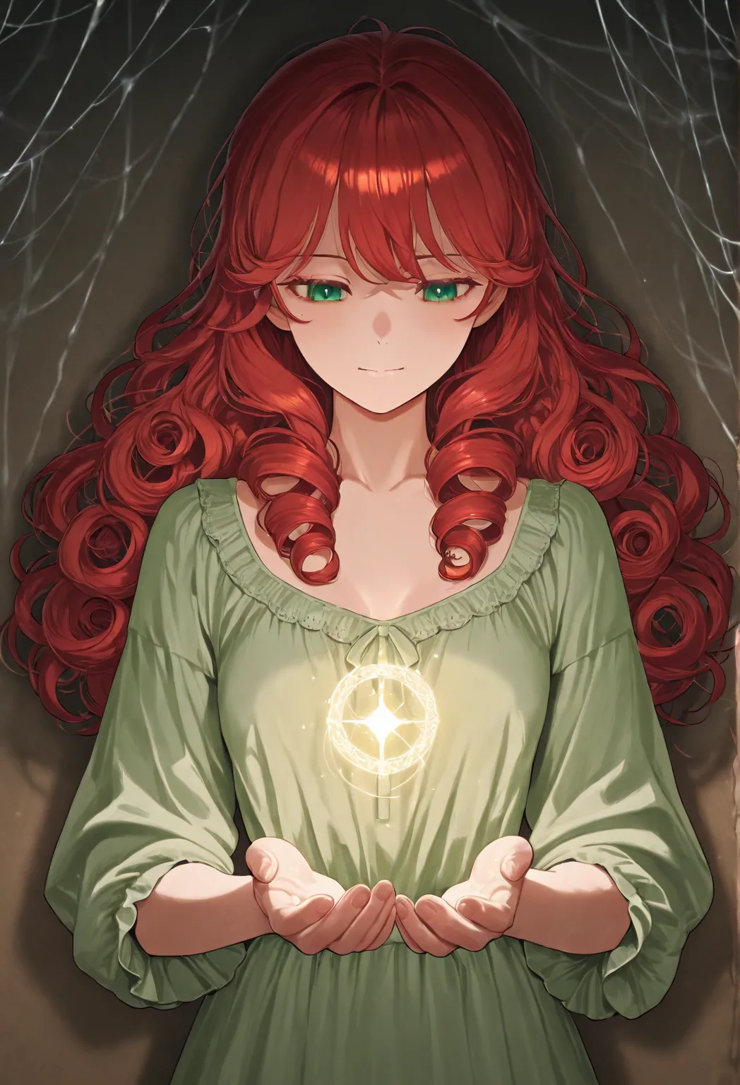 masterpiece,best quality,incredible quality,absurdities, BREAK
A woman, red-haired, Light clothing, curly hair, green eyes, small breasts, thin, clothes in shades of green, silk blanket