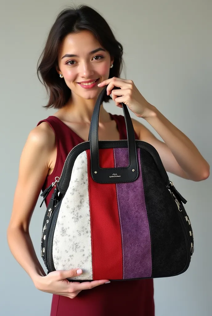 A 26-year-old woman is holding a coat hanger that hangs a bag made of white, horse, red, purple, black, alternating white.