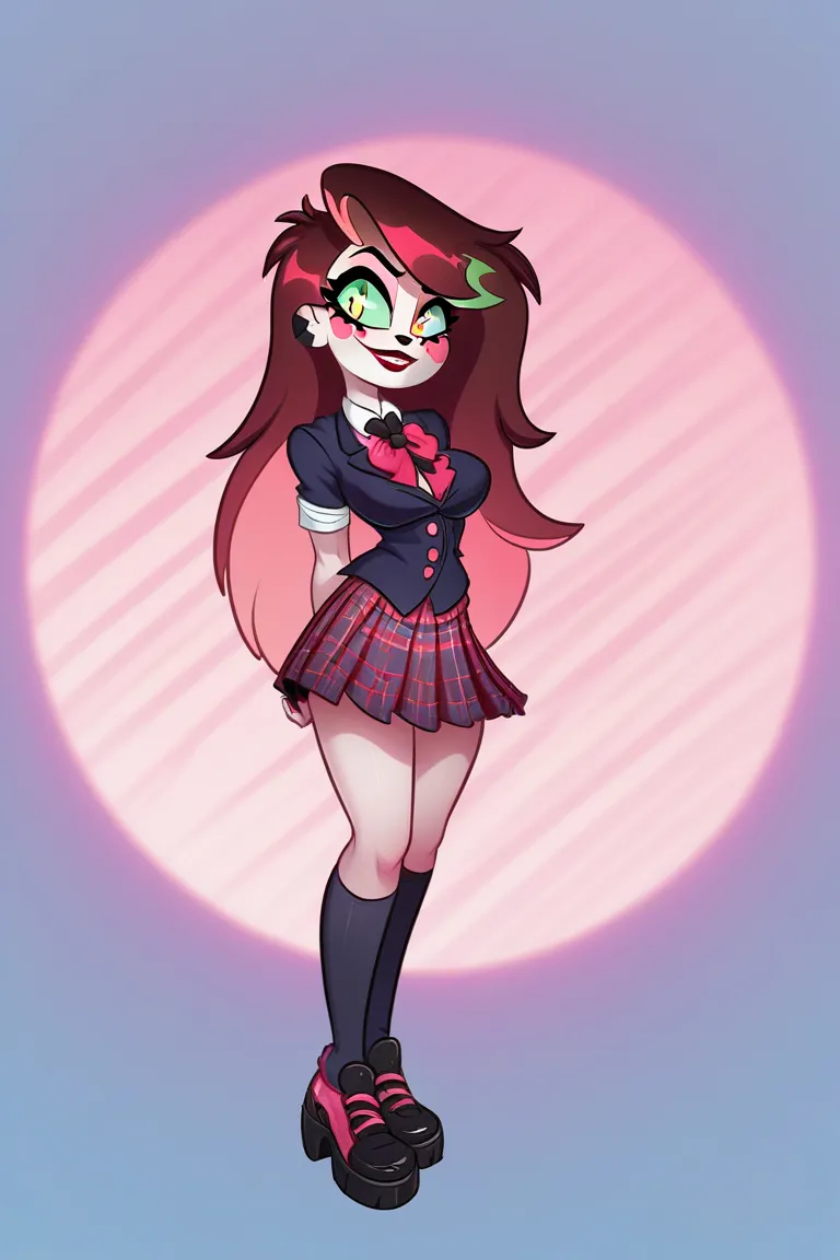 a brown-haired succubus girl with pink and green locks,red school clothes,long hair, with green eyes ,character sheet,full body,inspired by the style of Hazbin Hotel