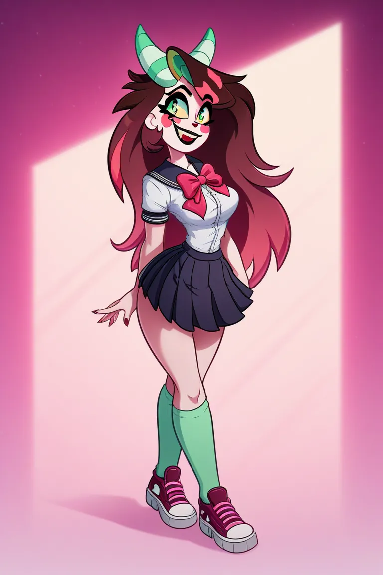 a brown-haired succubus girl with pink and green locks,red school clothes,long hair, with green eyes ,character sheet,full body,inspired by the style of Hazbin Hotel