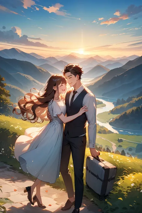 A beautiful young couple, a charming girl with long flowing hair and a handsome man with a stylish haircut, traveling together on an exciting journey. They are standing near a scenic landscape, smiling and enjoying their adventure. The background features ...