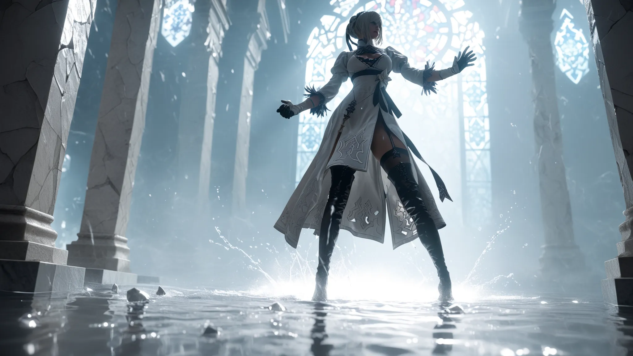  score_9, score_8_up, 1girl, wide shot, low-angle, impact pose, body sprawled on wet marble, deep water ripples, broken stained glass around her, cinematic lighting, NieR Automata, dramatic tension, battle damage, thigh-high boots, wet gloves
Description: ...