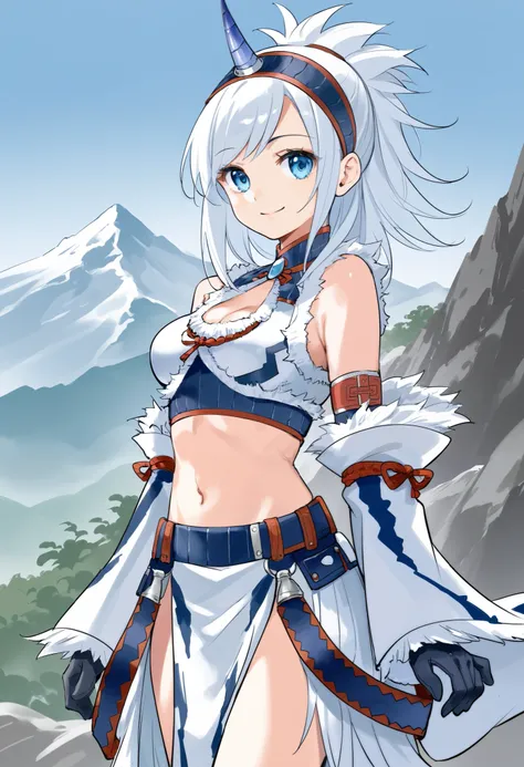 ( score_9:0.9), score_8_up, score_7_up,rating_safe, anime style,(zPDXL), Armor , 1 girl, Alone, purple_horn Hairband, Blue Eyes, , belly button, Chest,medium_breasts, white loincloth, white kimono sleeve , smile, mountain background, monochrome, white ban...