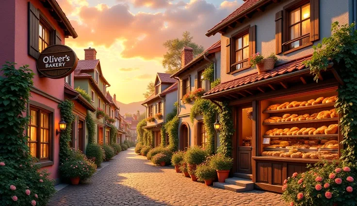 A peaceful, charming town with narrow cobblestone streets, small colorful houses, and a warm, golden sunset sky. In the center, a rustic bakery with a wooden sign that reads "Oliver’s Bakery." The warm glow of the bakery’s windows shows the inviting interi...