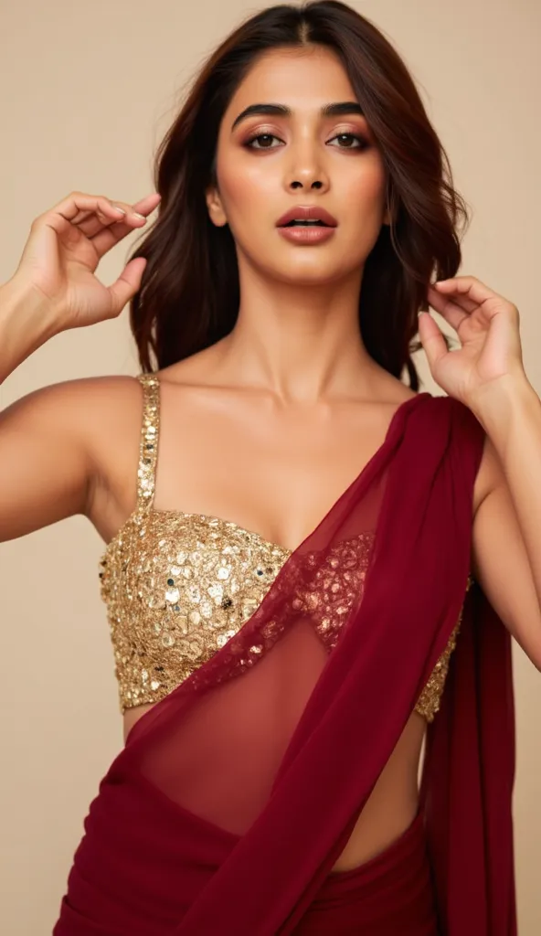 Generate a close up front image of a woman in a maroon semi transparent sleeveless saree. The blouse is golden colour with mirror sequins. It has no sleeves and has a golden satin finish with off shoulder spaghetti strap. One of the straps of the blouse is...