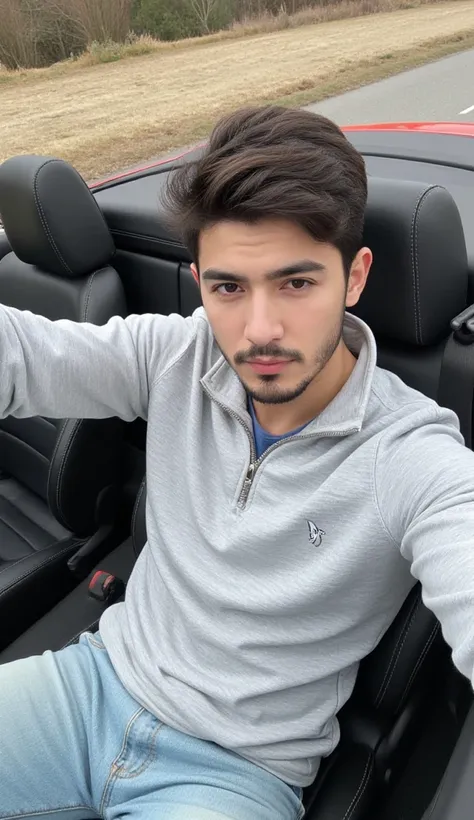 a handsome young turkish guy with muscle, dark very short hair fade middle parting and goatee beard  he wearing a light grey halfzip sweatshirt and a light loose jeans he is in a cabrio car with black seats amateur photo random picture and location is germ...