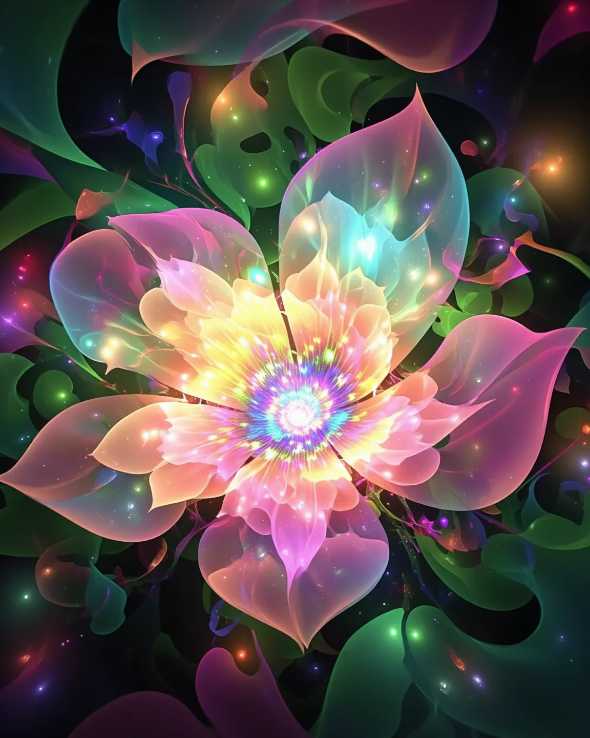 luminous flower,  glowing abstract flower, multicolor flower, pale color, translucent, green theme, gradient background, vine, (masterpiece, best quality:1.2) 