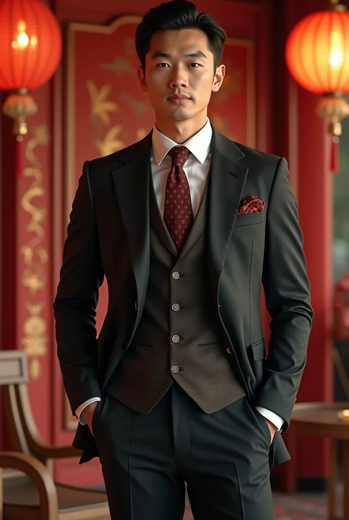 a guy wearing a beautiful suit zai asian ,  image quality 4k  , Cinematic colors