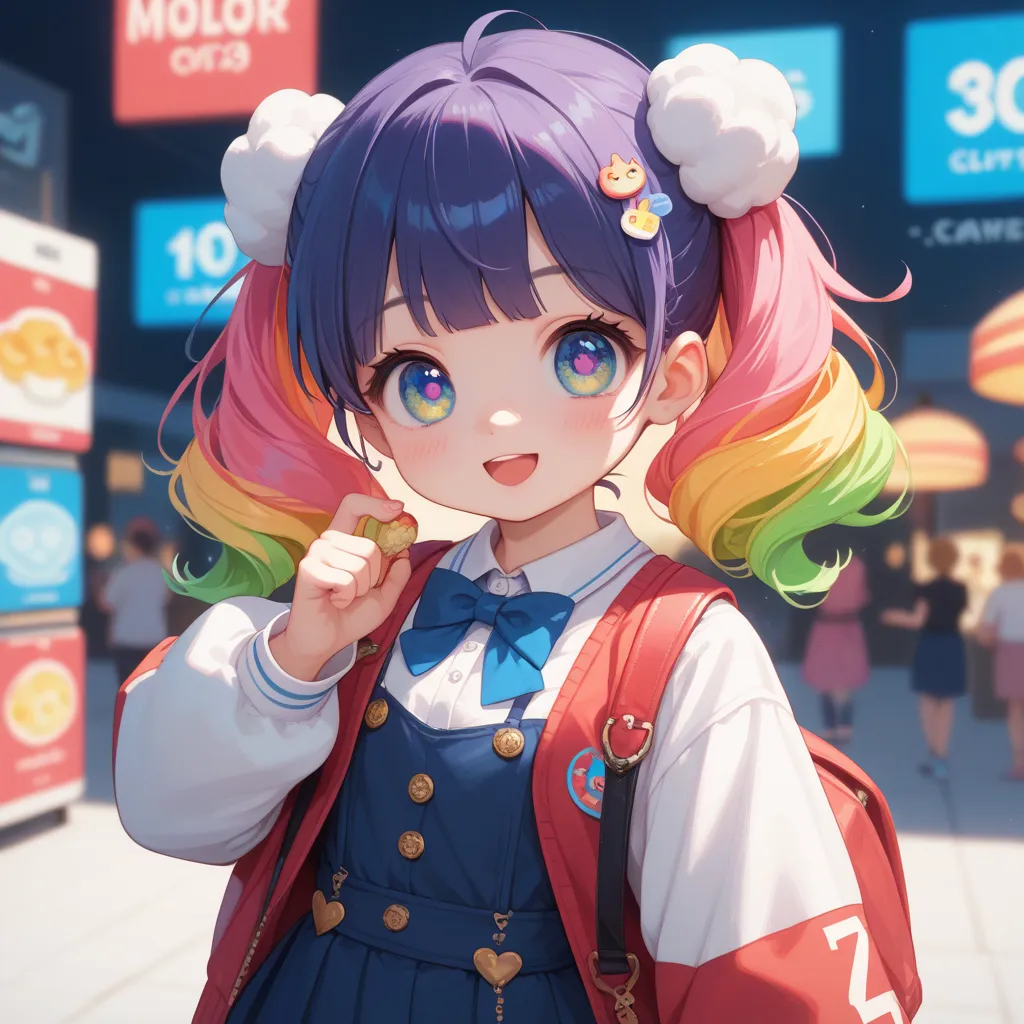 Wearing clothes specific to the number of pi, super cute, cute, kawaii, very cute, Minnoş, sweetness sister, big bright eyes, very cute, cute or cute, colorfully dressed with colorful hair with colorful eyes, hyper realistic chibi is an anime girl, wearing...