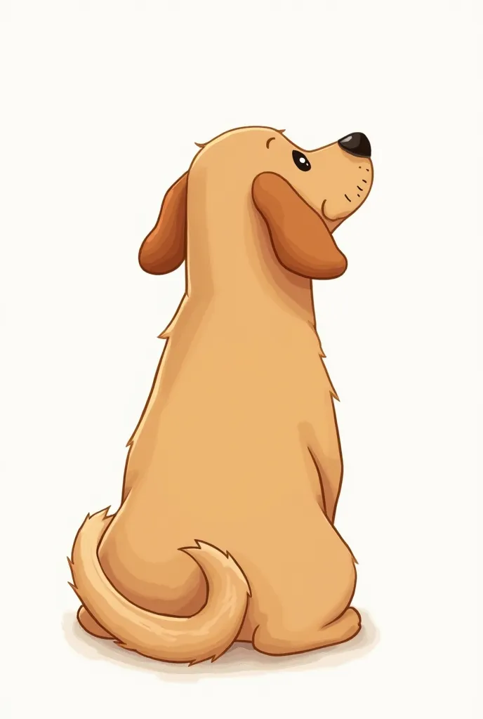 drawn illustration of a back view of a medium size tan dog with a curly tail and floppy ears looking sideways and upward