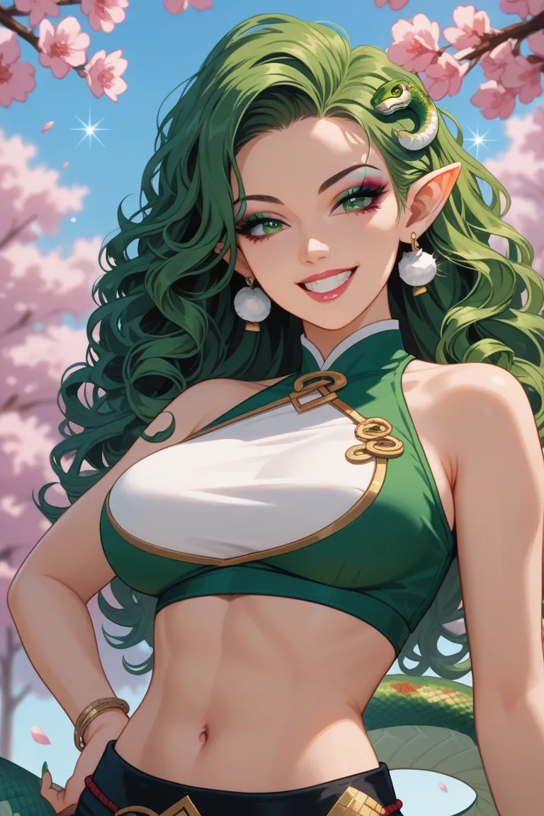 Anime snake girl, she have scals on her hands ,she have long green hair, green eyes, and a long green tail,she habe on a crop top that is white ,she's by a cherry blossom tree, she have long green nails ,and green makeup onDetail, Best Quality, Award Winni...