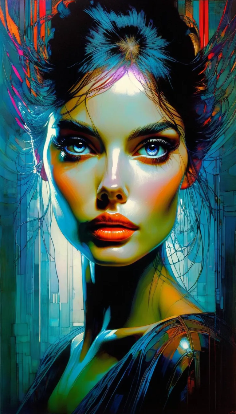 a beautiful woman with néon eyes, intricate details, oil painting, inspired by Bill Sienkiewicz, highly detailed, (clean:1.4), CCDDA Artstyle, james jean, 1 woman, minimalism, facial features, realistic portrait, cinematic lighting, dramatic composition, p...